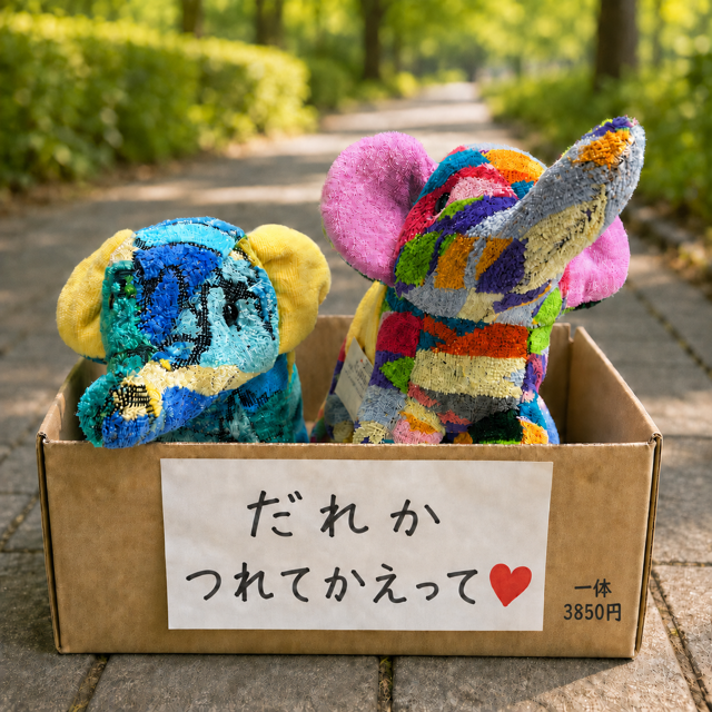 スモールぞう   左(耳黄色)→ペトロストライプ   右(耳ピンク)→ブリーズカラフル